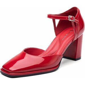 Newbella Women's Burgundy Mary Jane Pumps Low Block Heel Square Toe Dress Shoes
